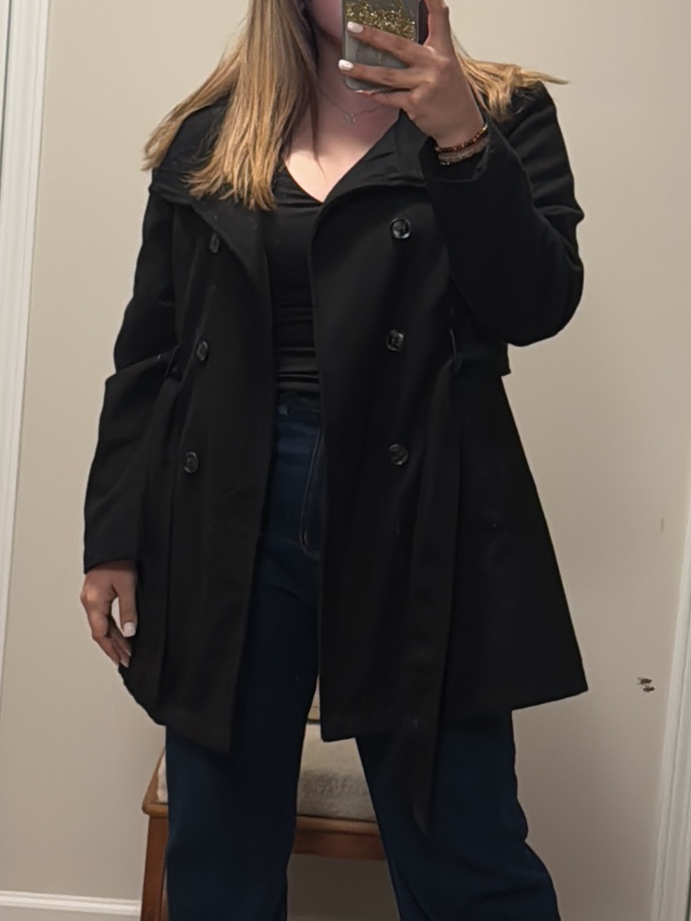 Black Double-Breasted Coat with Shearling Trim